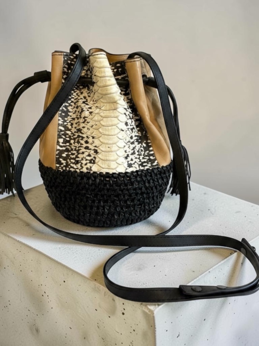 Loeffler Randall Snakeskin Leather Bucket Bag Woven Base Tassel Crossbody
